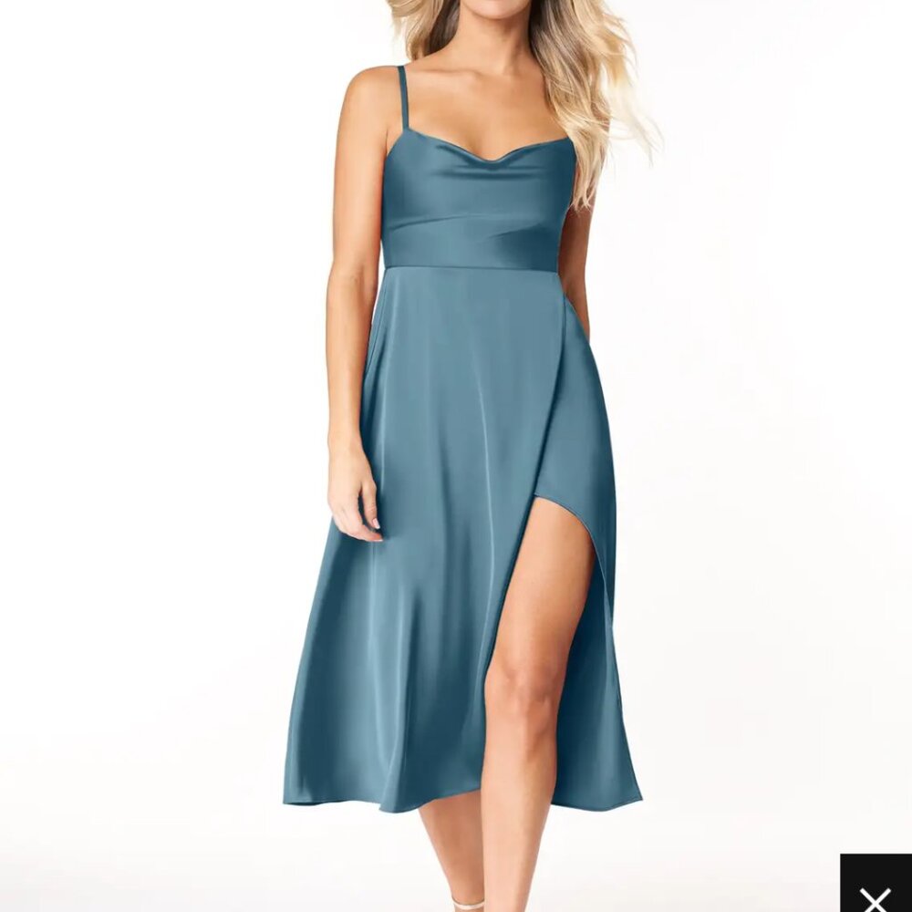 Azazie Elma Bermuda Blue Satin Midi Dress